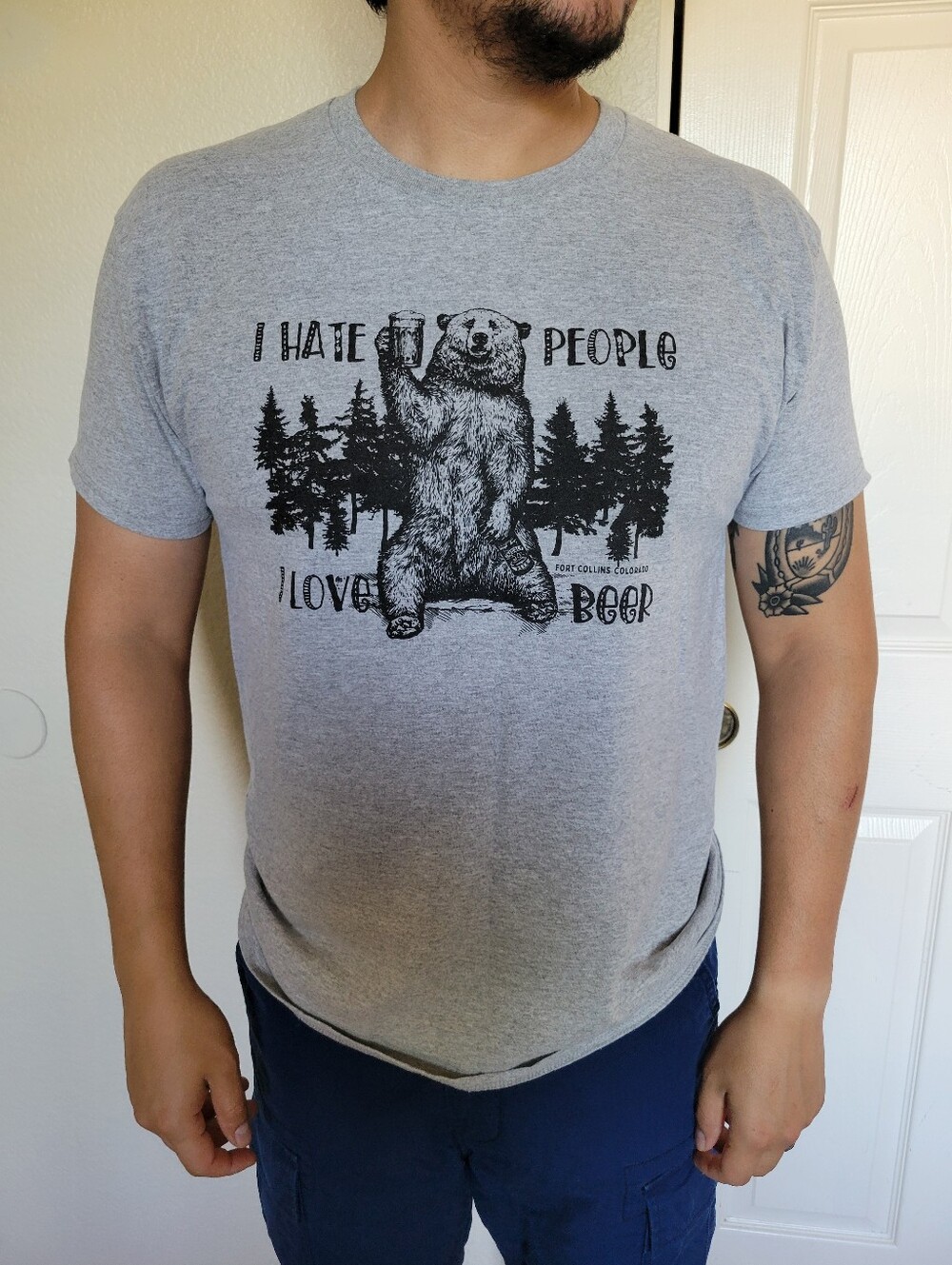 Hanes Grey Graphic Bear Tee - Black Print Size L